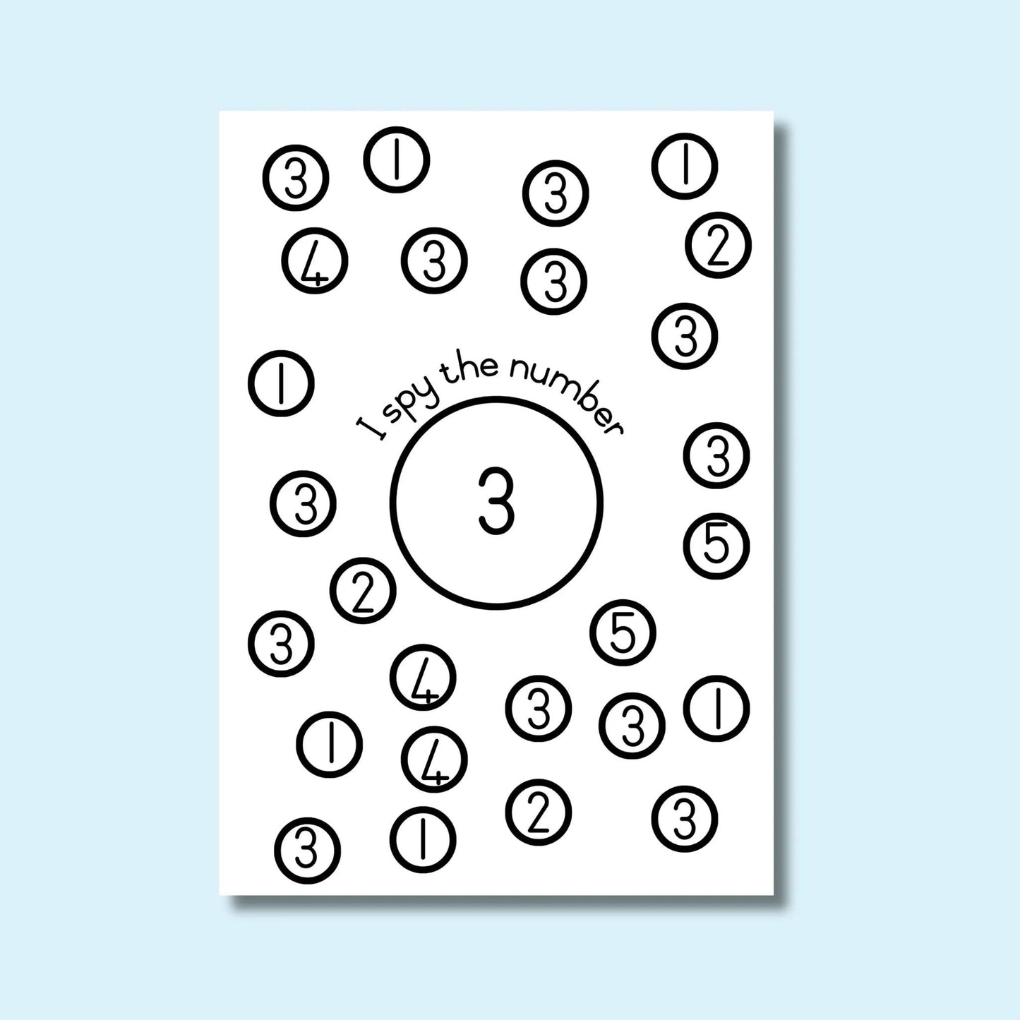 Printable 'I spy the number 3' worksheet for early math and number recognition activities