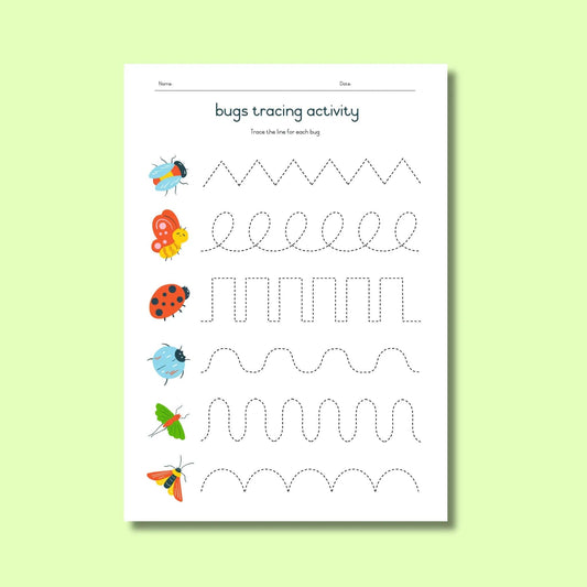 Printable bugs tracing activity worksheet for preschool fine motor skills development.