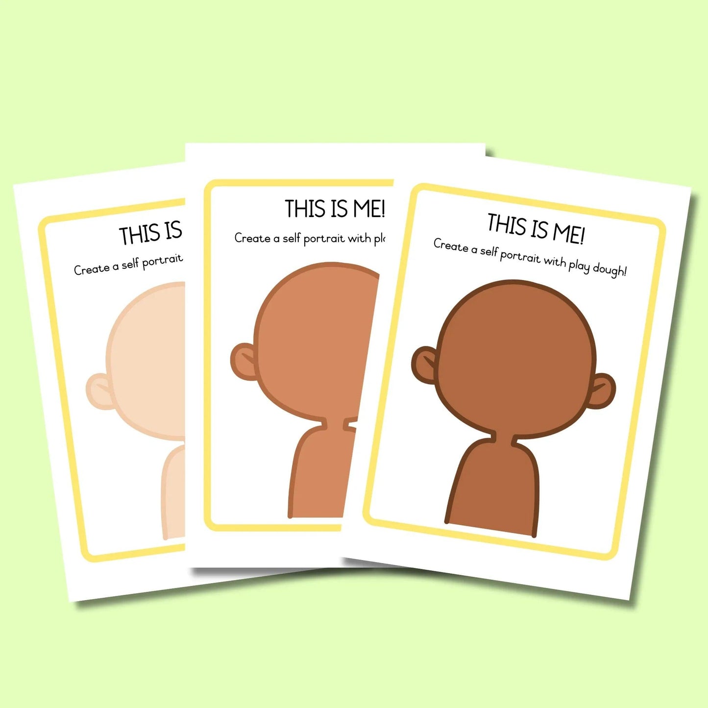 Diverse self-portrait playdough mats for classroom activity, three skin tones on pastel green