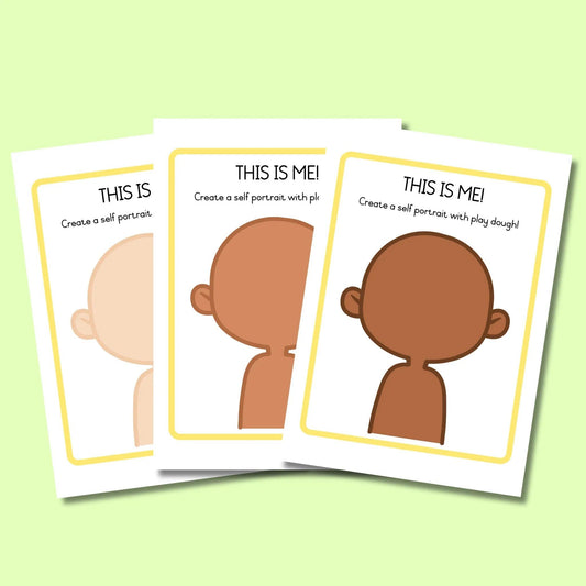 Diverse self-portrait playdough mats for classroom activity, three skin tones on pastel green