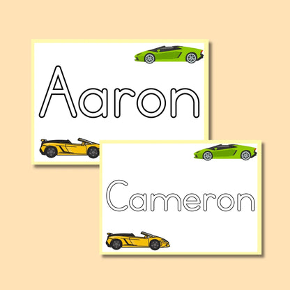 Classroom name tags with sports cars, customizable for student desks or labels