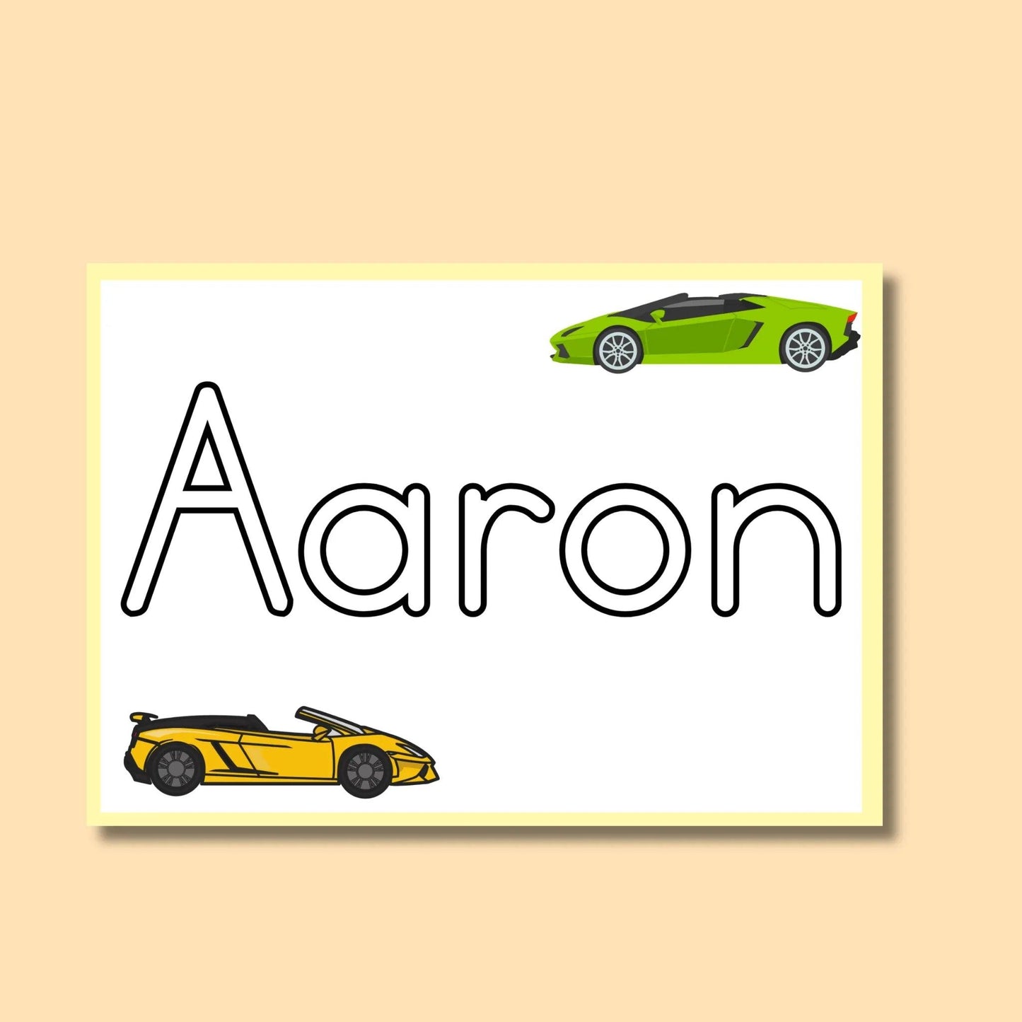 Name card with the name Aaron, yellow and green sports cars, classroom resource