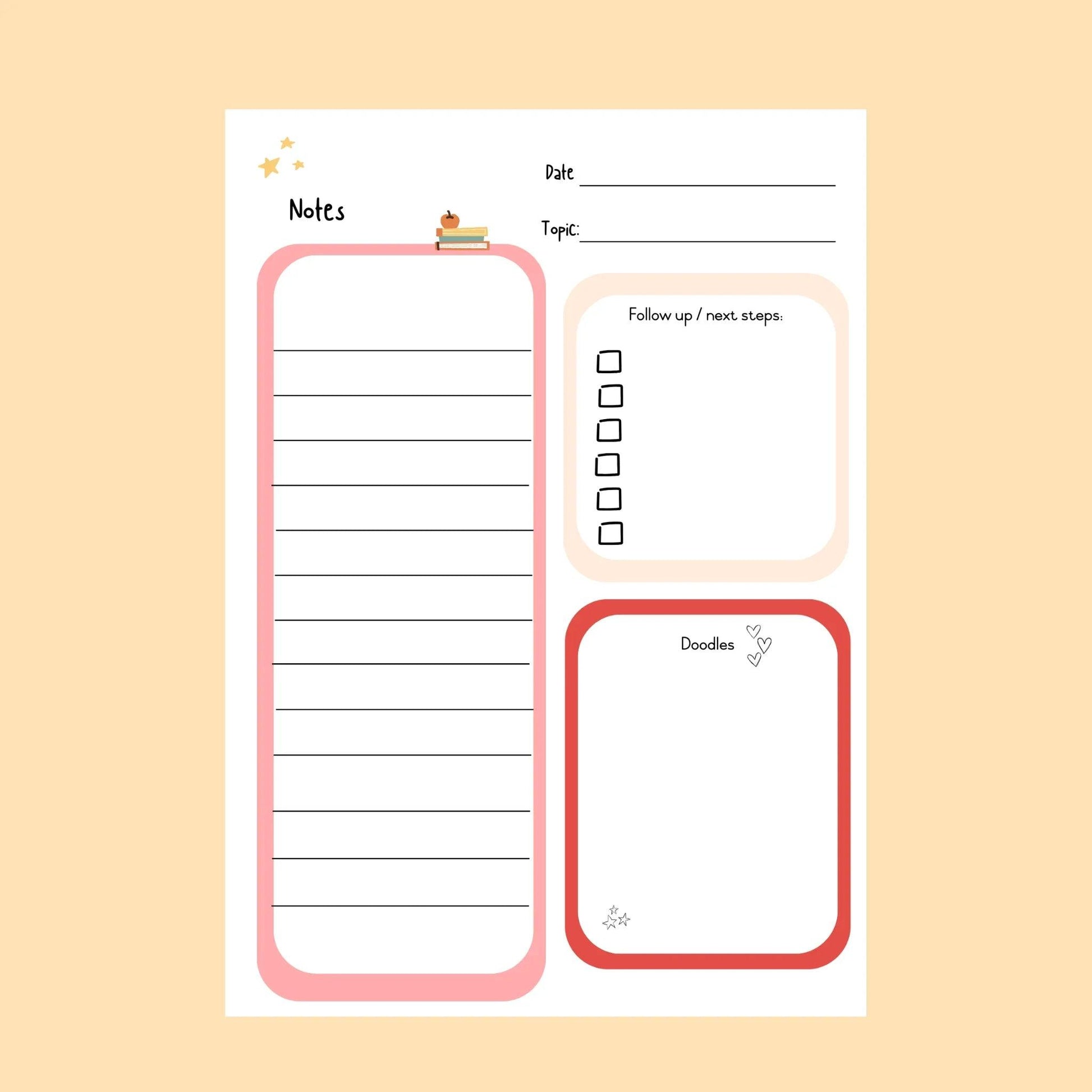 Colorful classroom notes template with sections for notes, tasks, doodles, date, and topic