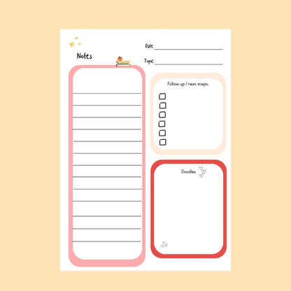 Colorful classroom notes template with sections for notes, tasks, doodles, date, and topic