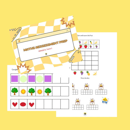 Grade R maths assessment prep worksheets with colorful patterns, shapes, and counting activities.