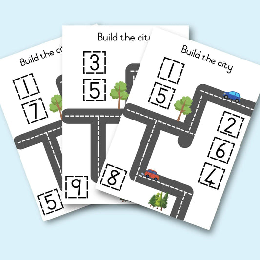 Printable number road worksheet for kids with cars, trees, and 'Build the city' activity