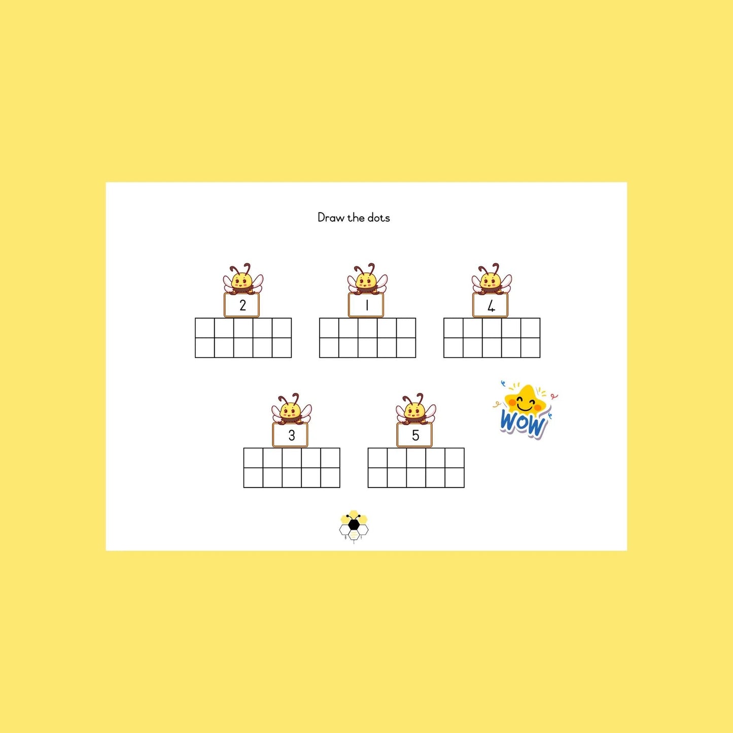 Bee-themed math worksheet for kids with number and dot grid activities on a yellow background.
