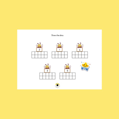 Bee-themed math worksheet for kids with number and dot grid activities on a yellow background.