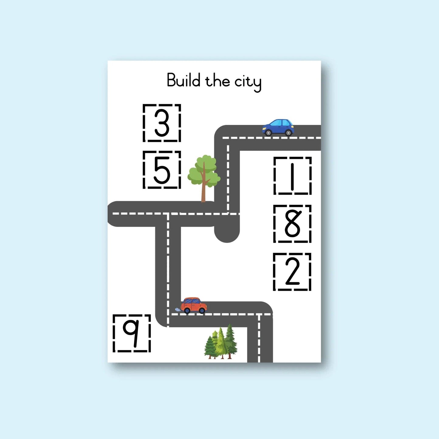 Educational math worksheet with road, cars, numbers, and trees for classroom learning.