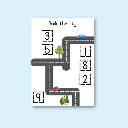 Educational math worksheet with road, cars, numbers, and trees for classroom learning.