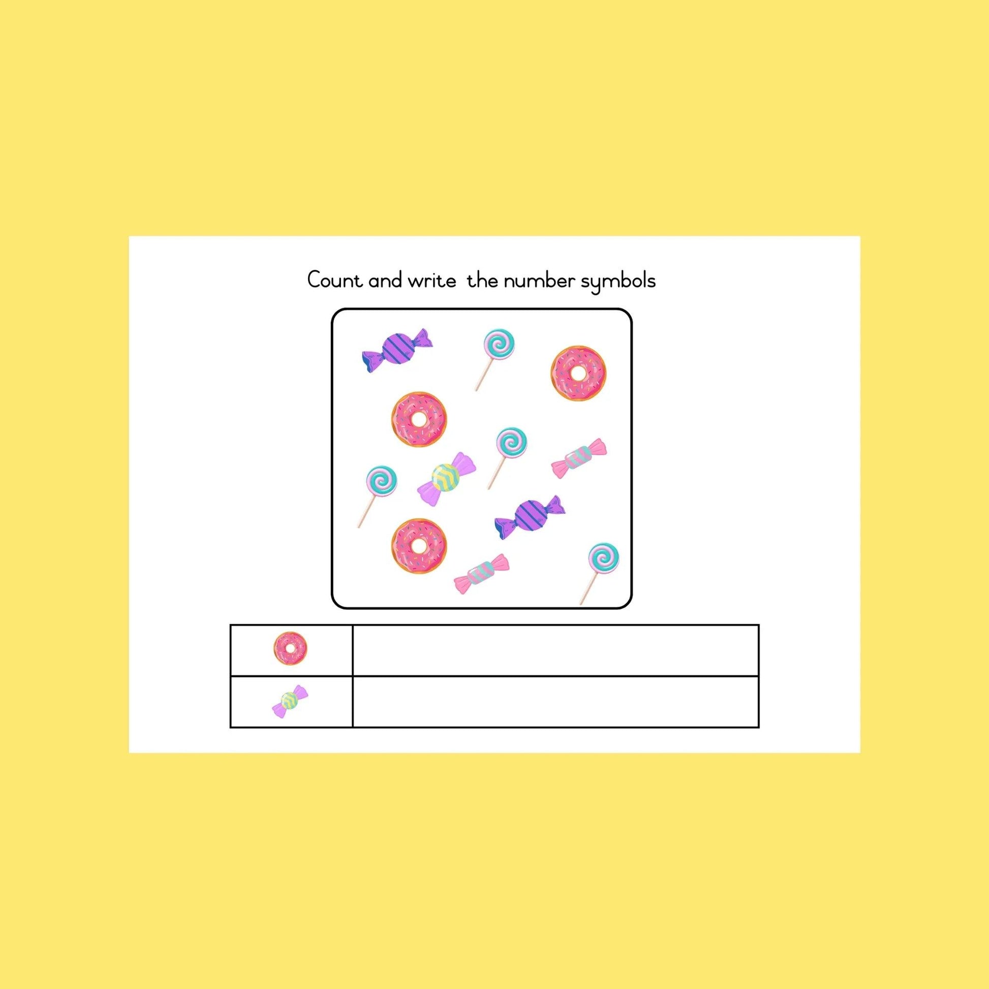 Preschool math worksheet with donuts, lollipops, and candies for counting and writing numbers.