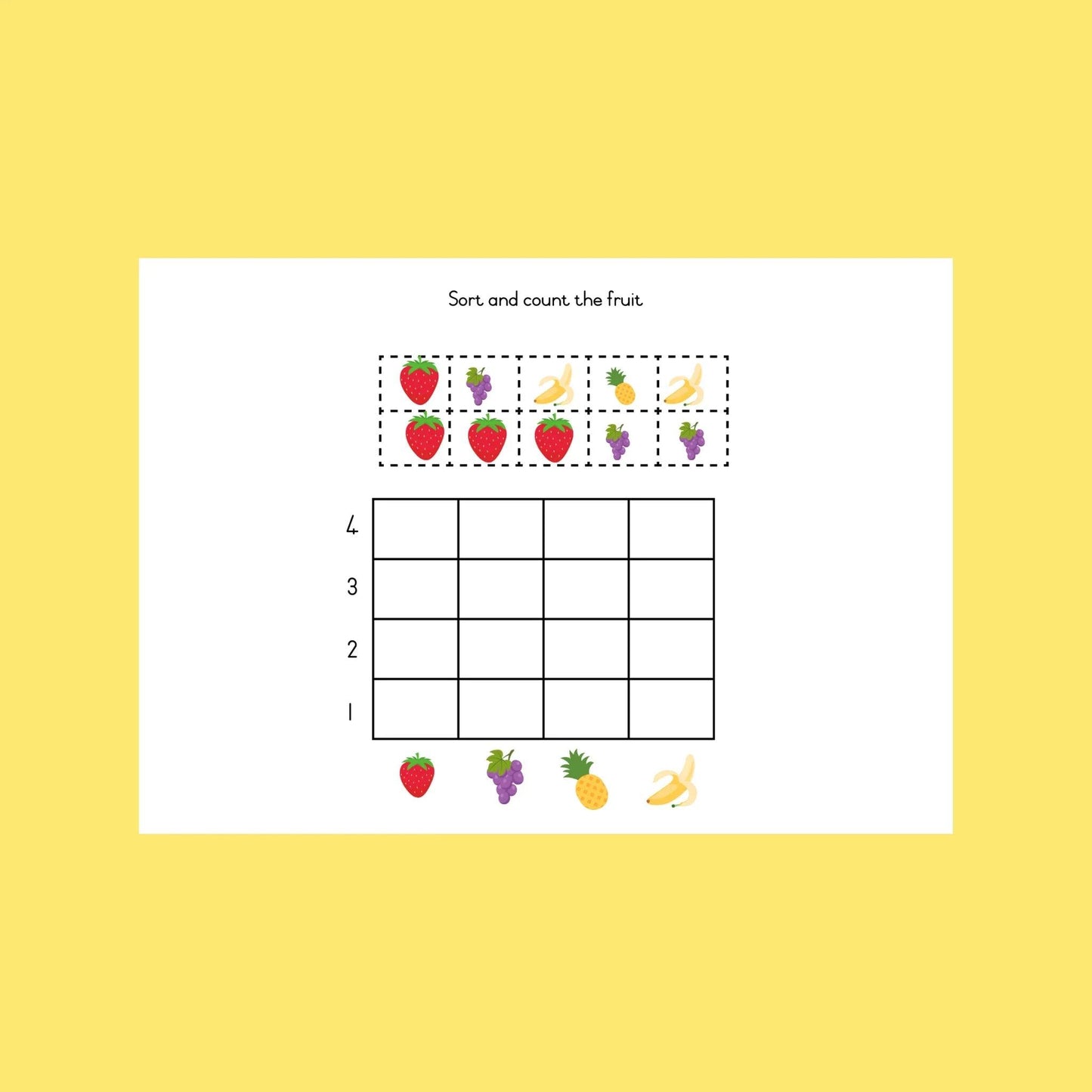 Sort and count fruit worksheet with strawberries, grapes, pineapple, bananas, and tally chart