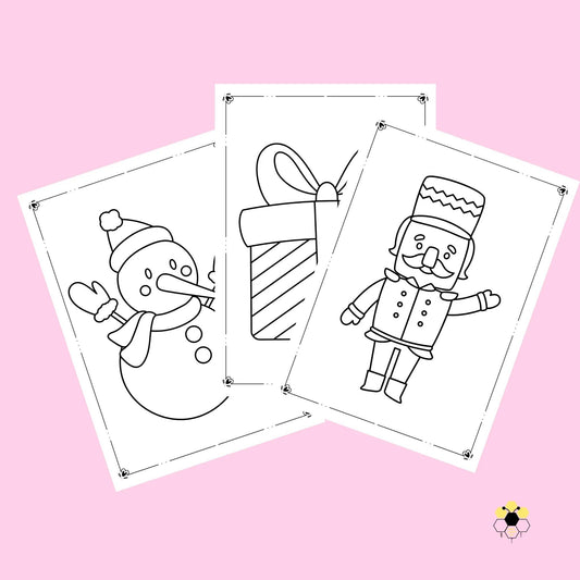 Christmas coloring pages with snowman, gift box, and nutcracker on pink background