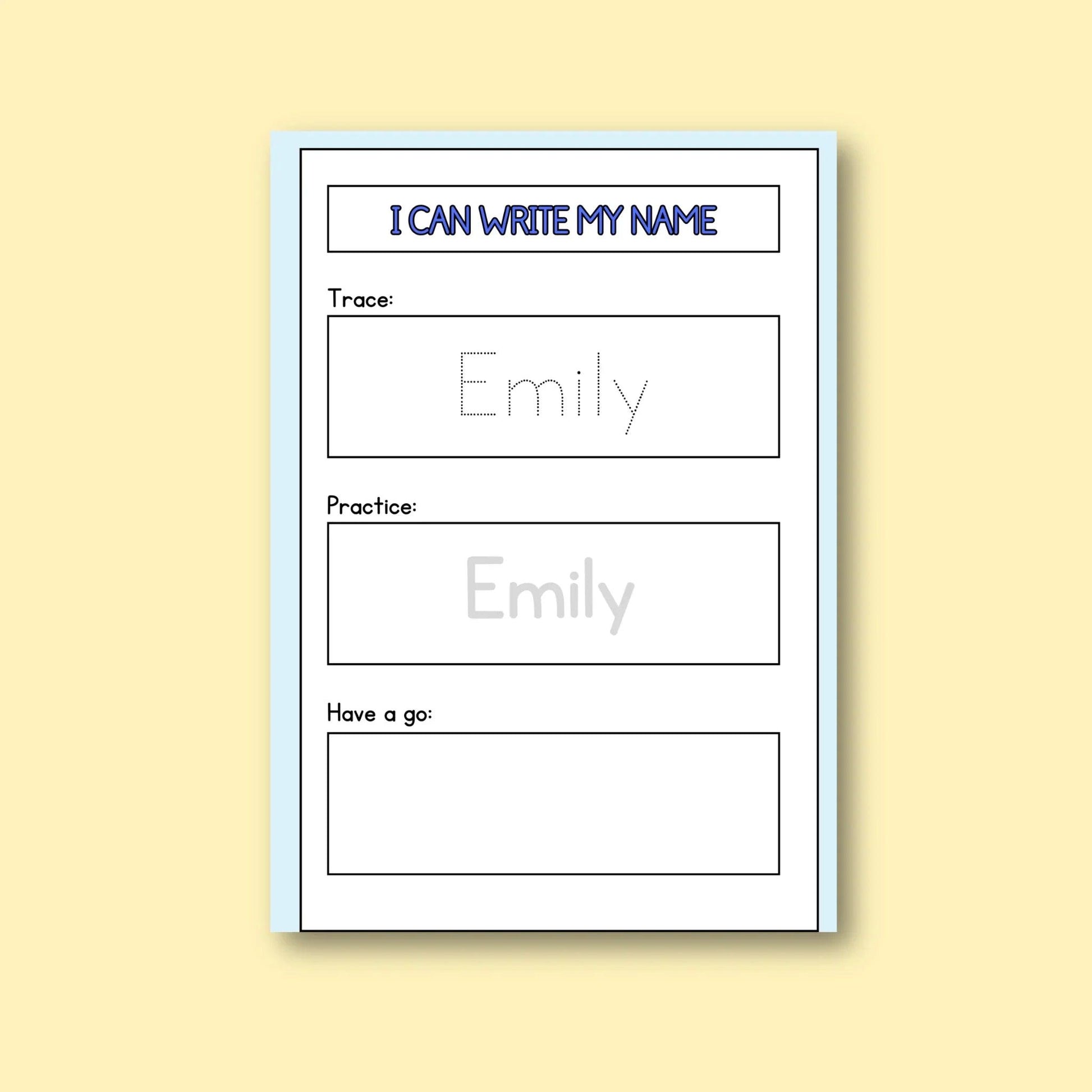 Printable worksheet for kids to trace, practice, and write their name, learning resource