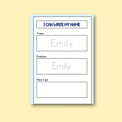 Printable worksheet for kids to trace, practice, and write their name, learning resource