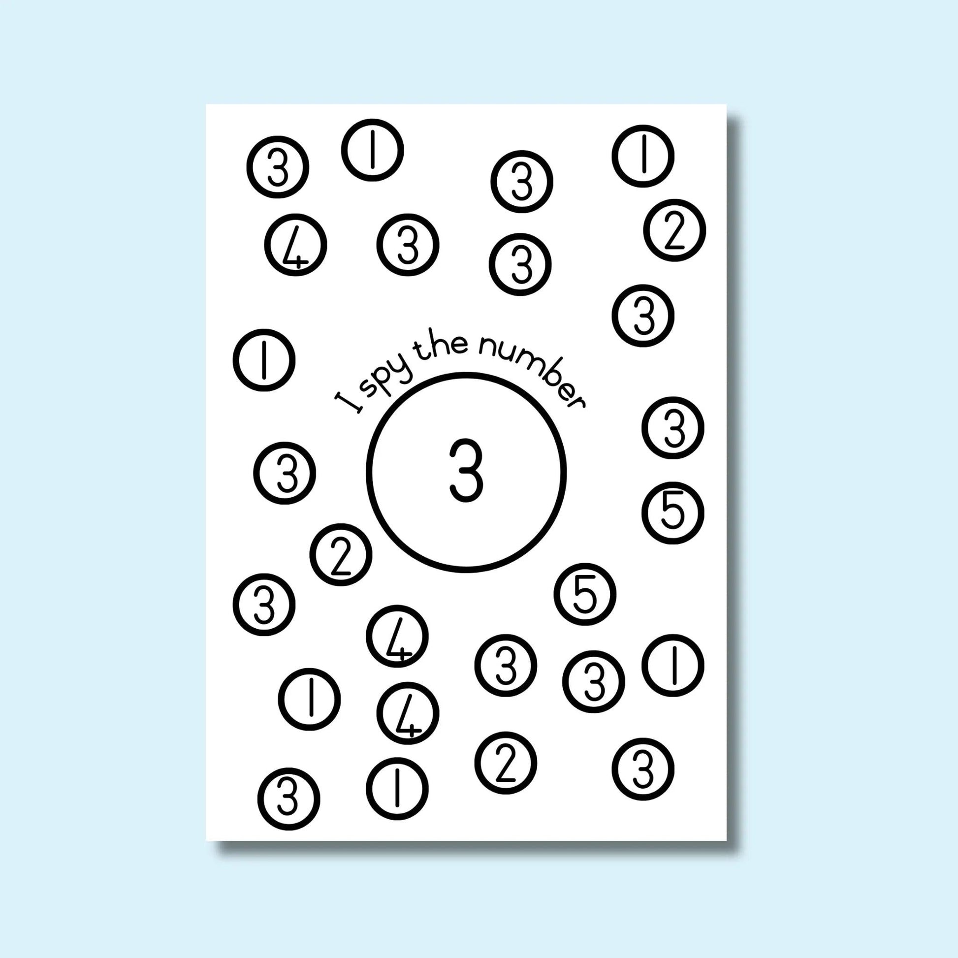 Printable 'I spy the number 3' worksheet for early math and number recognition activities