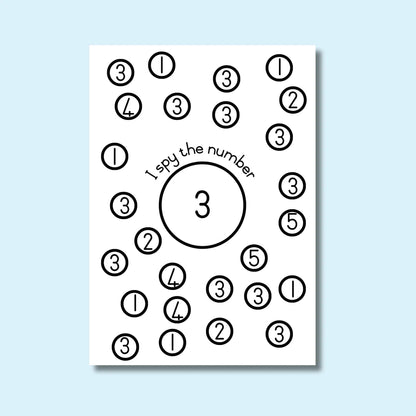 Printable 'I spy the number 3' worksheet for early math and number recognition activities