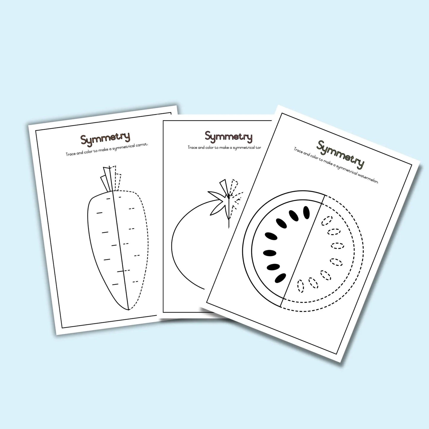 Symmetry worksheets for kids featuring carrot, tomato, watermelon tracing and coloring activities.