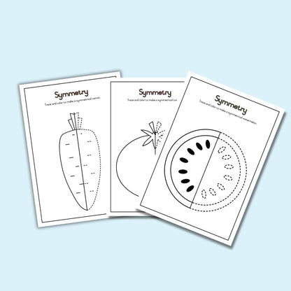 Symmetry worksheets for kids featuring carrot, tomato, watermelon tracing and coloring activities.