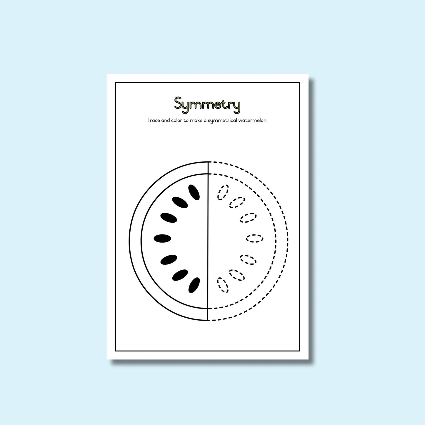 Printable symmetry worksheet with half a watermelon for classroom activity