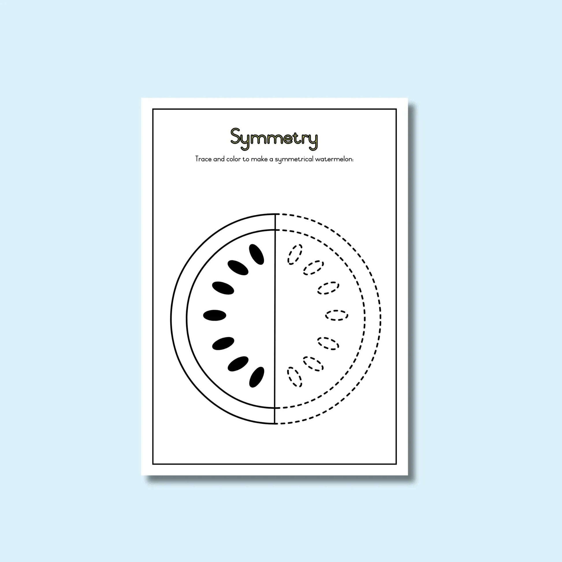 Printable symmetry worksheet with half a watermelon for classroom activity
