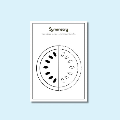 Printable symmetry worksheet with half a watermelon for classroom activity