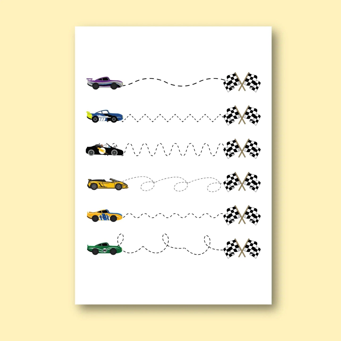 Worksheet with colorful race cars and tracing lines leading to checkered finish flags