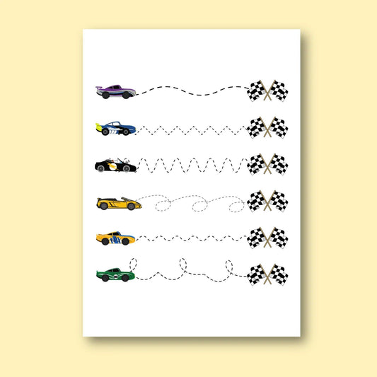 Worksheet with colorful race cars and tracing lines leading to checkered finish flags