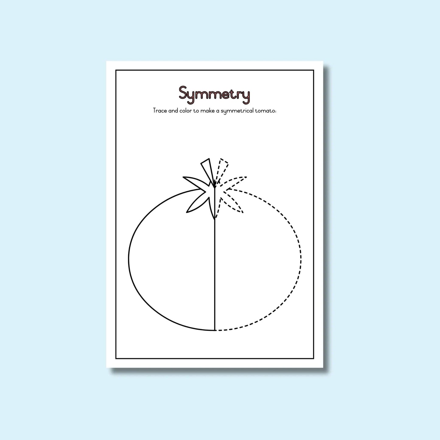 Symmetry worksheet with half tomato outline for tracing and coloring activity
