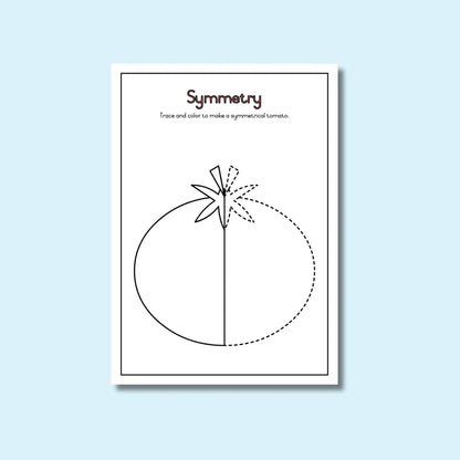 Symmetry worksheet with half tomato outline for tracing and coloring activity