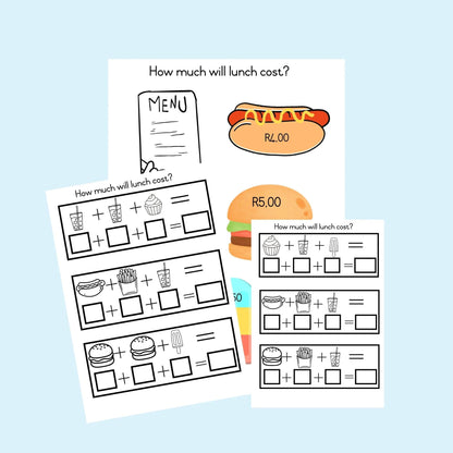 Printable how much will lunch cost worksheet for kids with menu items and prices.
