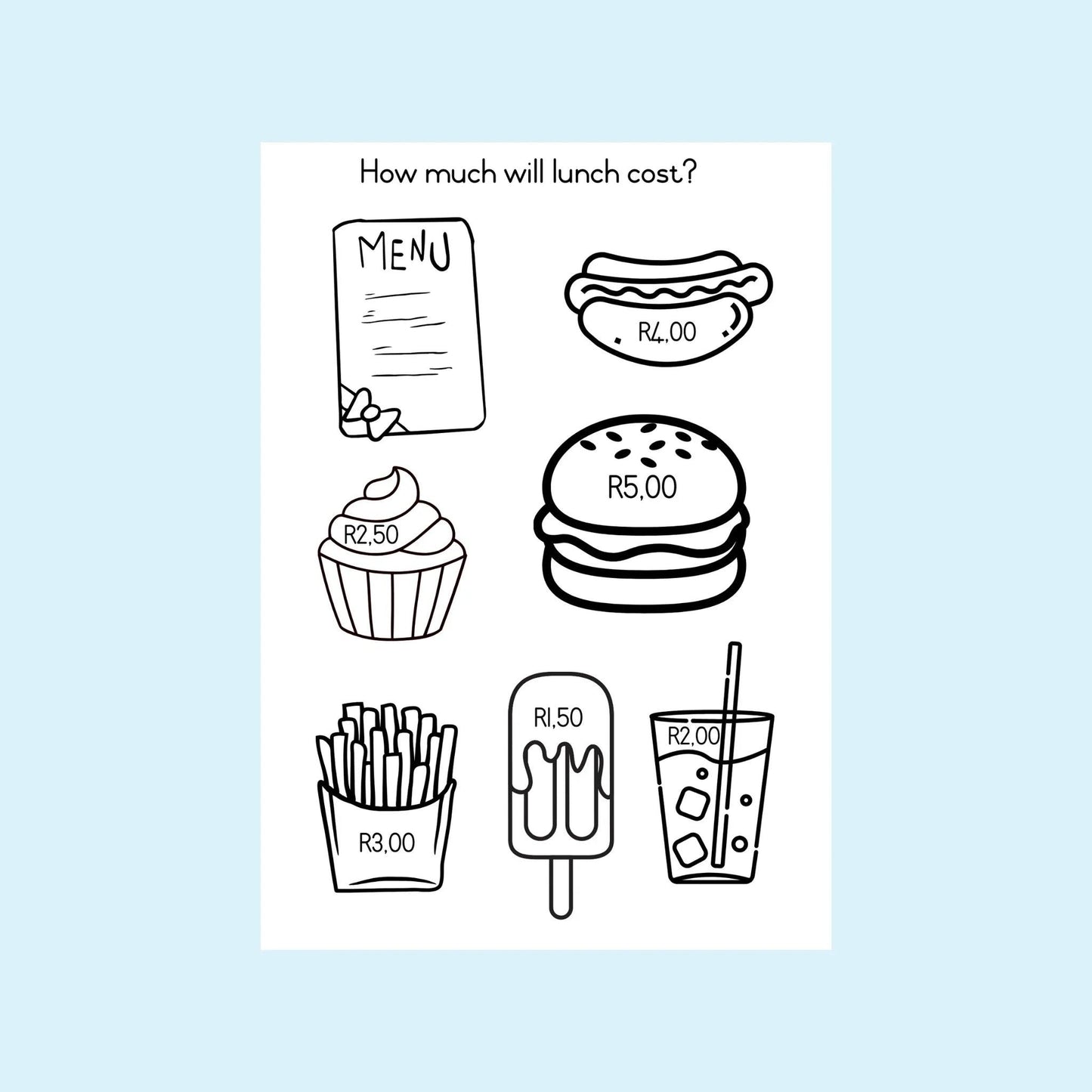 Classroom worksheet showing menu prices for hot dog, burger, fries, drink, cupcake, and ice lolly.