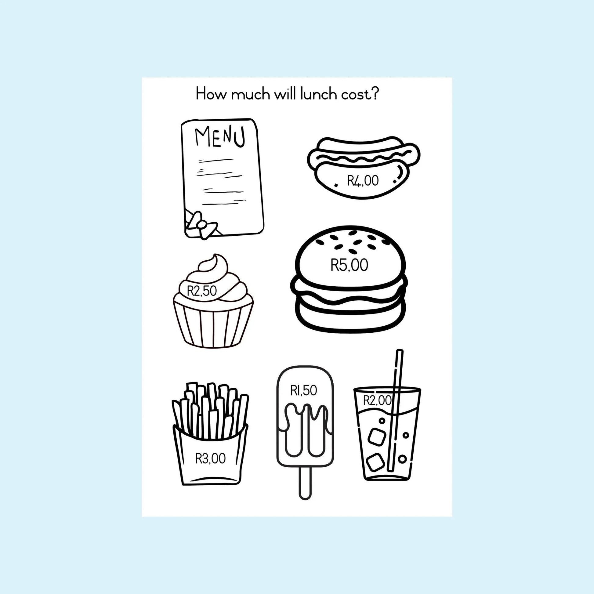 Classroom worksheet showing menu prices for hot dog, burger, fries, drink, cupcake, and ice lolly.