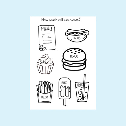 Classroom worksheet showing menu prices for hot dog, burger, fries, drink, cupcake, and ice lolly.