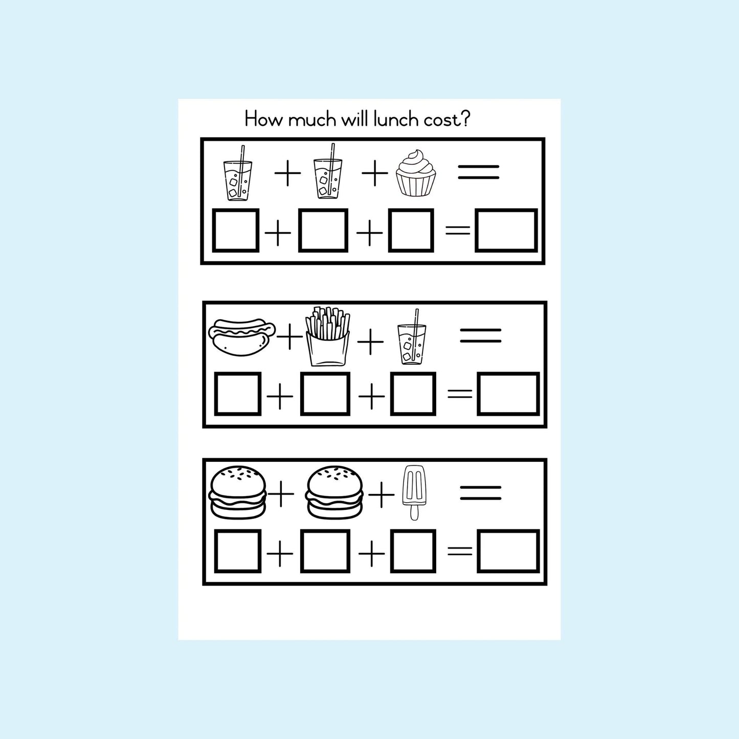 Math worksheet with food items for lunch cost addition activity, including drinks, burger, fries, dessert.