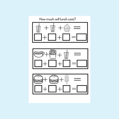 Math worksheet with food items for lunch cost addition activity, including drinks, burger, fries, dessert.
