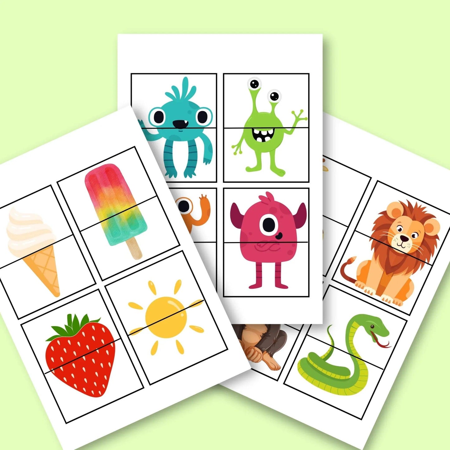 Printable classroom flashcards featuring cute monsters, animals, fruits, and weather icons.