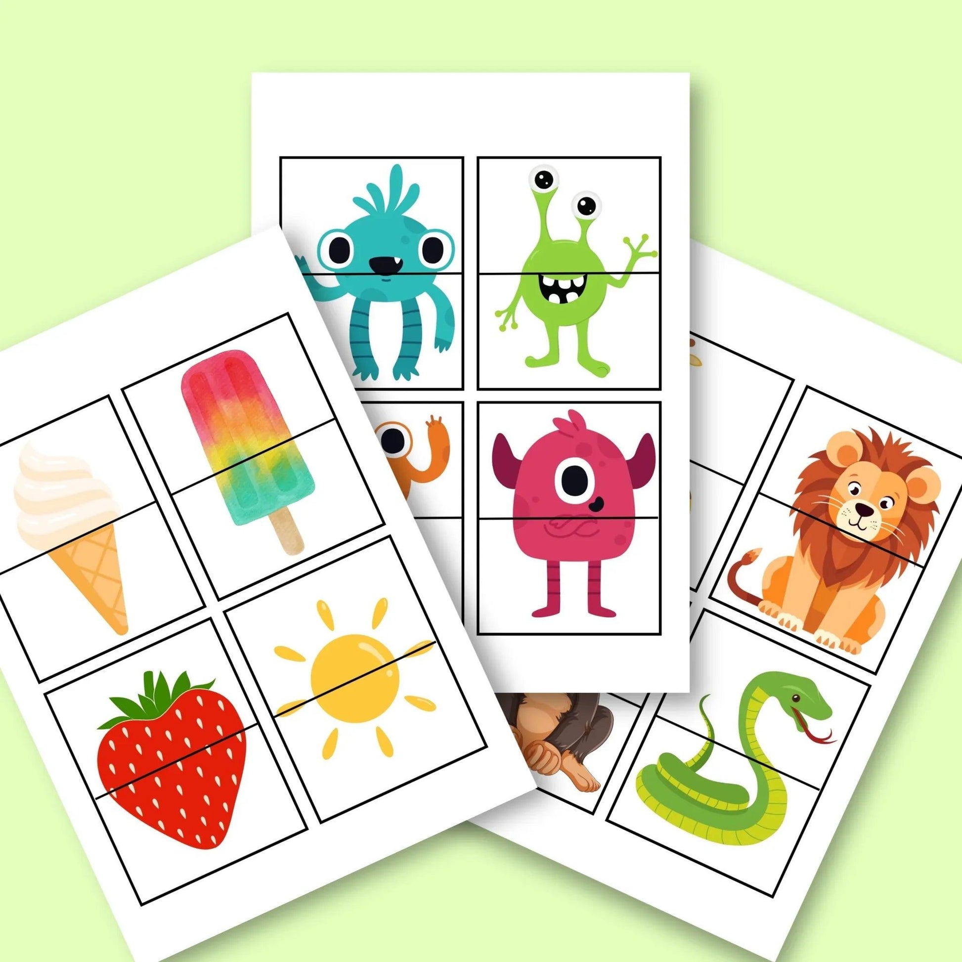Printable classroom flashcards featuring cute monsters, animals, fruits, and weather icons.