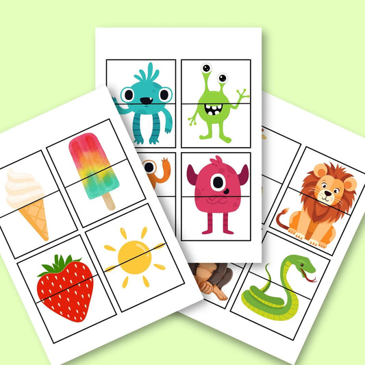 Printable classroom flashcards featuring cute monsters, animals, fruits, and weather icons.