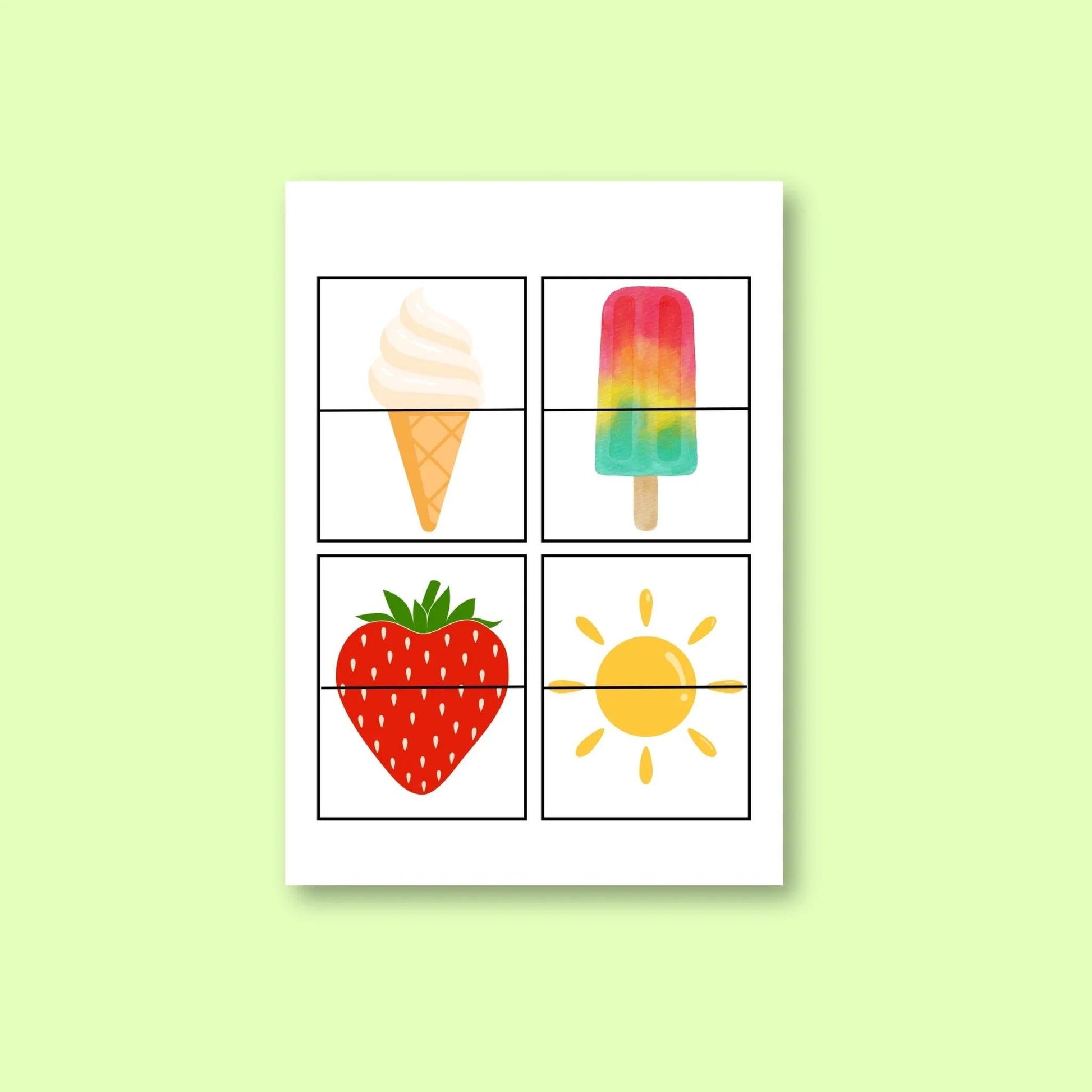 Printable classroom puzzle cards with ice cream, popsicle, strawberry, and sun illustrations.