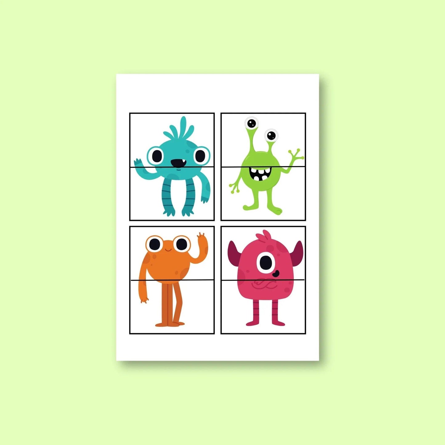 Colorful cartoon monster flashcards set for classroom activities on light green background