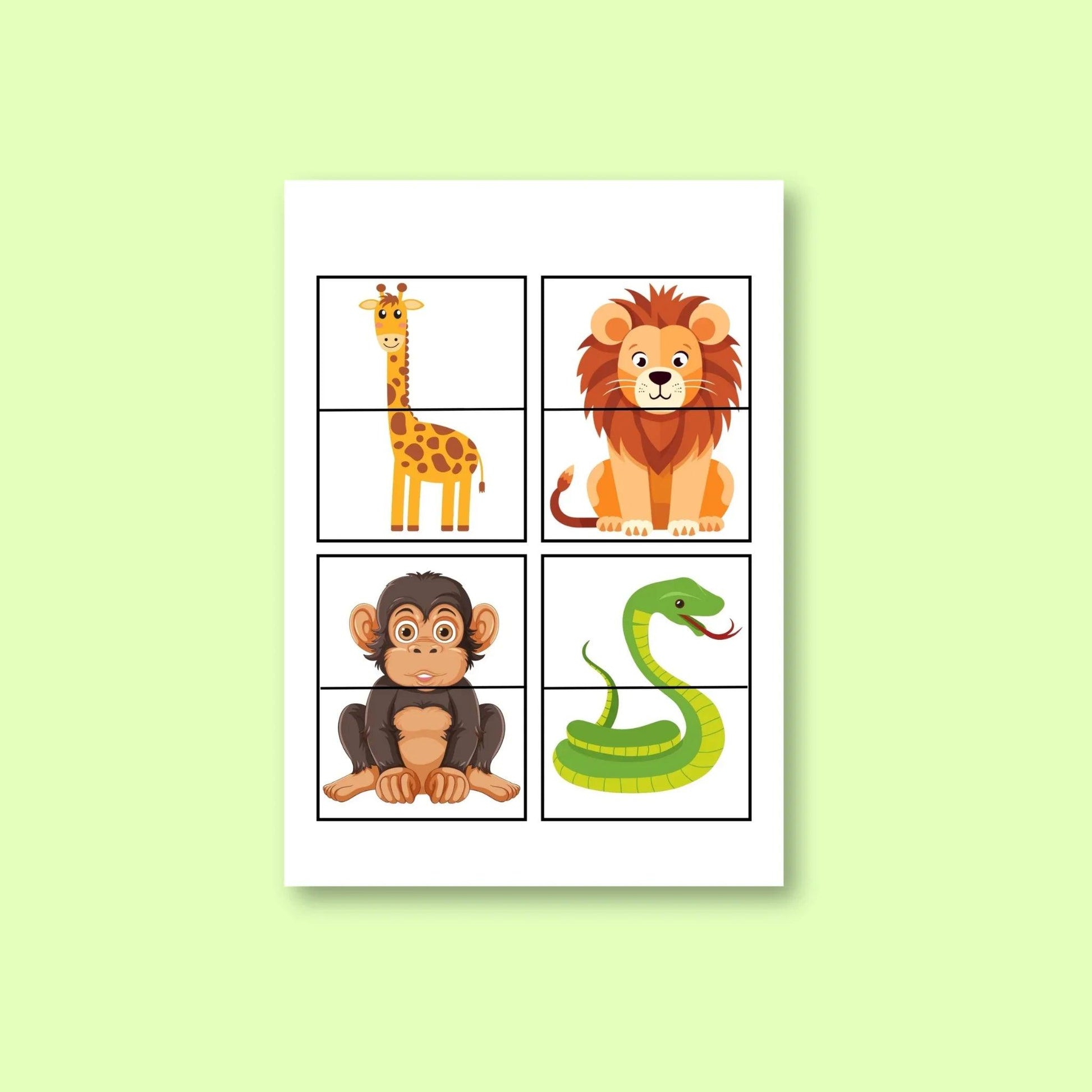 Educational worksheet with cartoon giraffe, lion, monkey, and snake for classroom learning