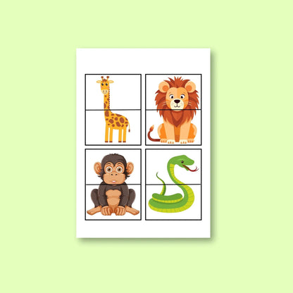 Educational worksheet with cartoon giraffe, lion, monkey, and snake for classroom learning