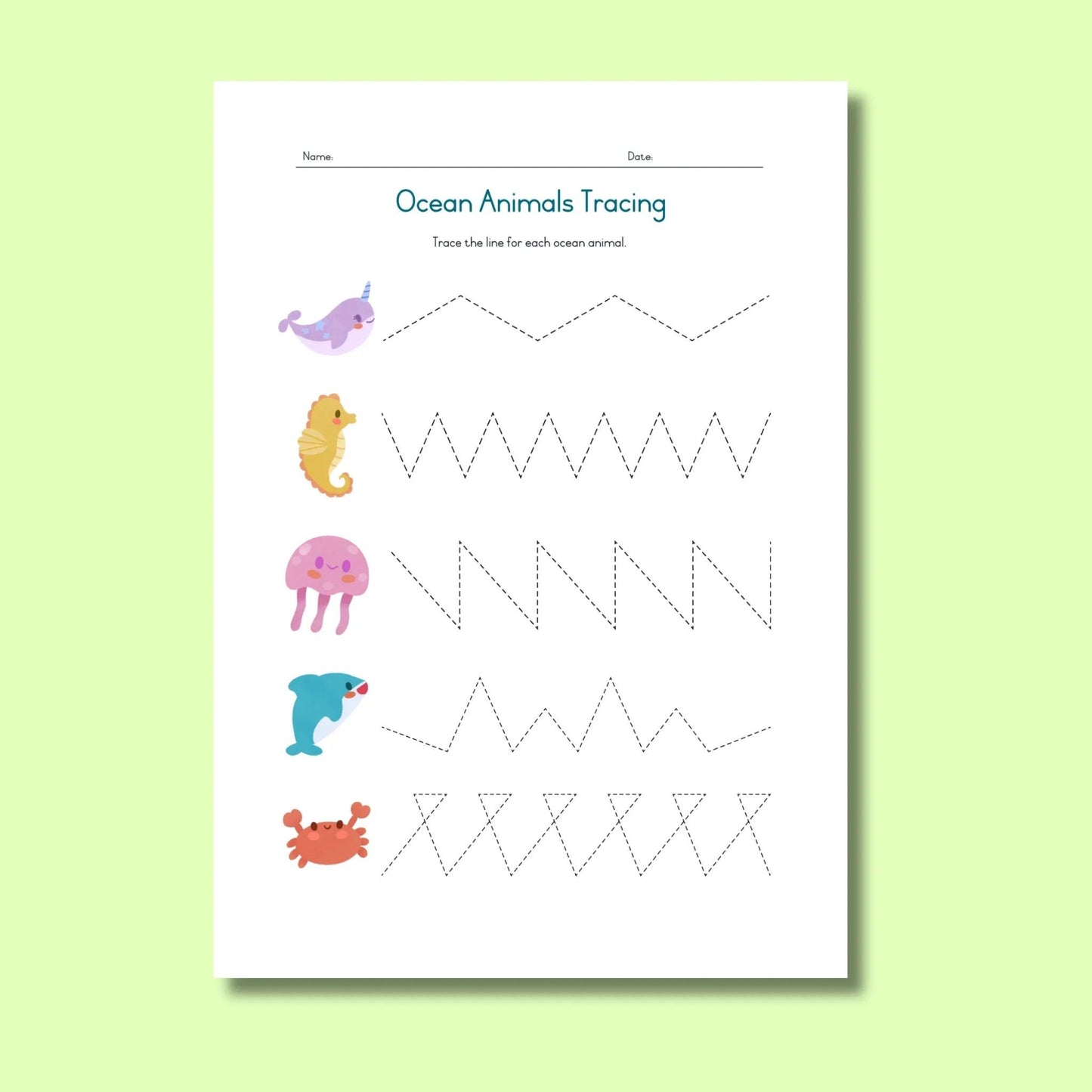 Ocean animals tracing worksheet for kids with narwhal, seahorse, jellyfish, dolphin, and crab illustrations